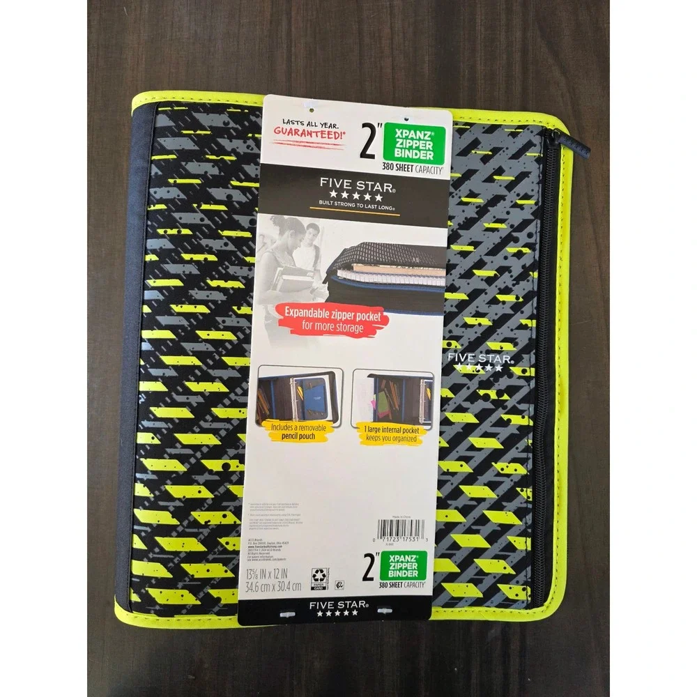 Five Star Xpanz 2 Inch Zipper Binder Black Neon Yellow 3-Ring 380 Sheet Capacity